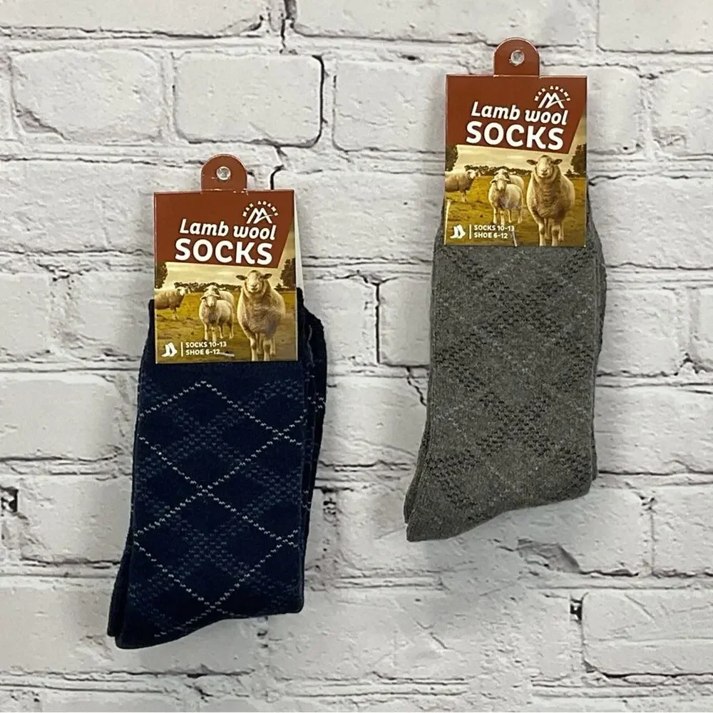 Max Adams Lamb Wool Socks Men's Size 10-13 Blue/Gray Diamond 2 Pair Casual Comfy